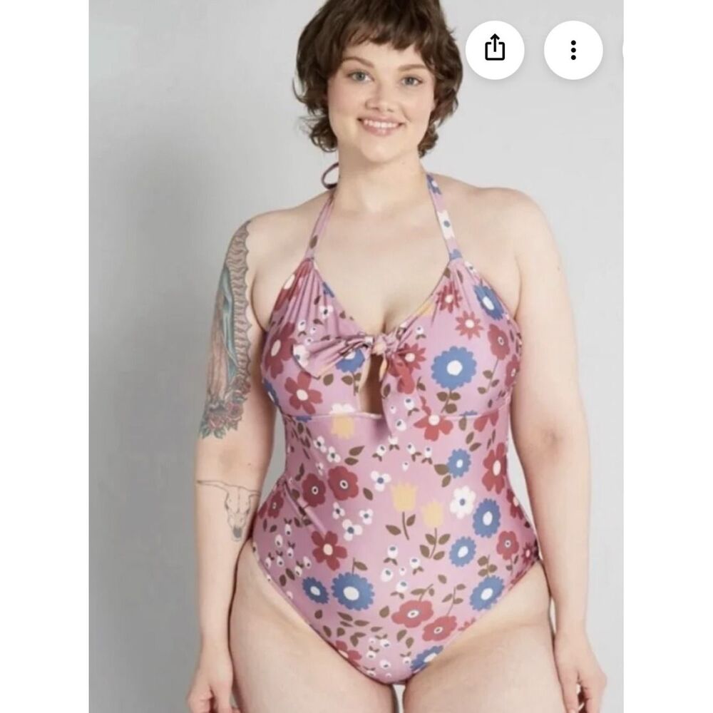 Modcloth Princess Highway Mauve Pink Floral Tie-Front One-Piece Swimsuit size 8